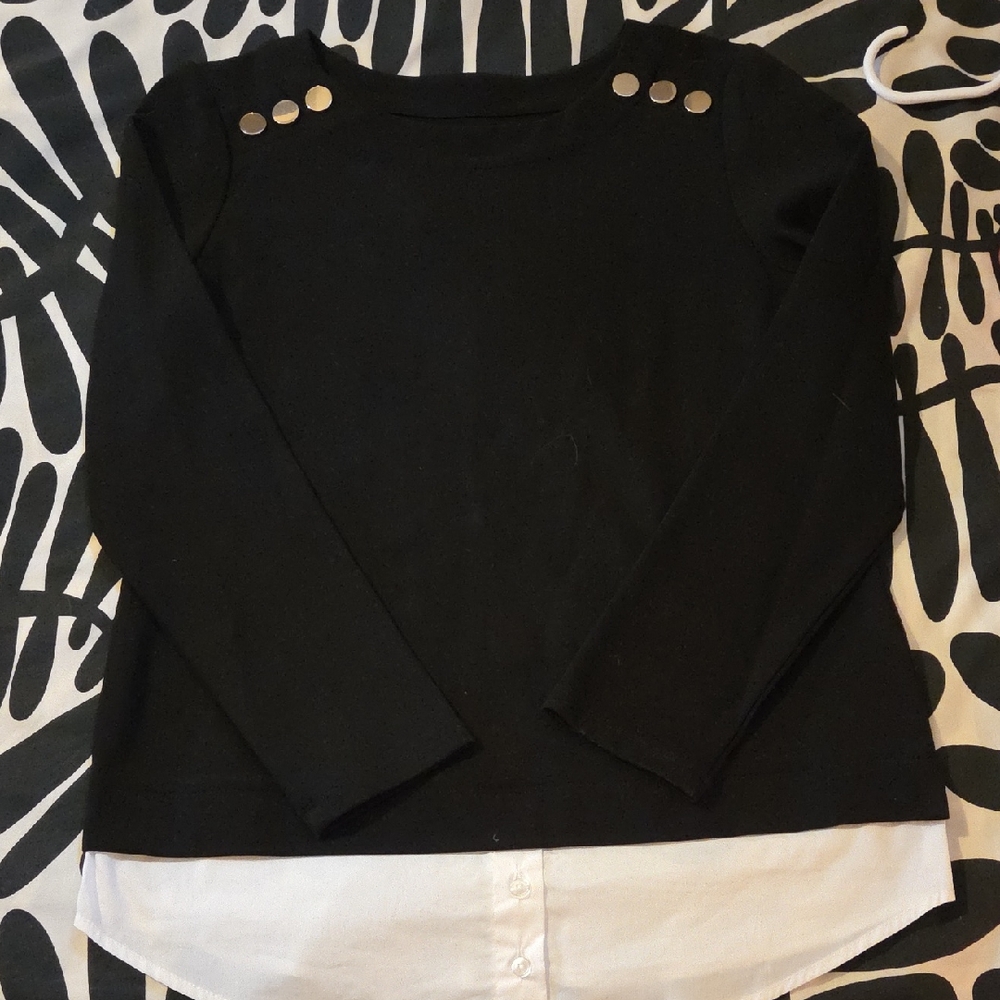 Jones New York Black Sweater Top with Gold Button Trim